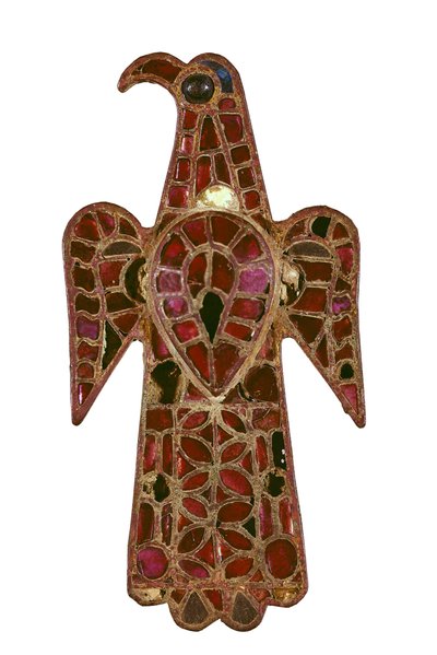 Eager-shaped Visigothic fibula, 6th century, Bronze and glass paste by the technical cloisonne by Visigothic Visigothic