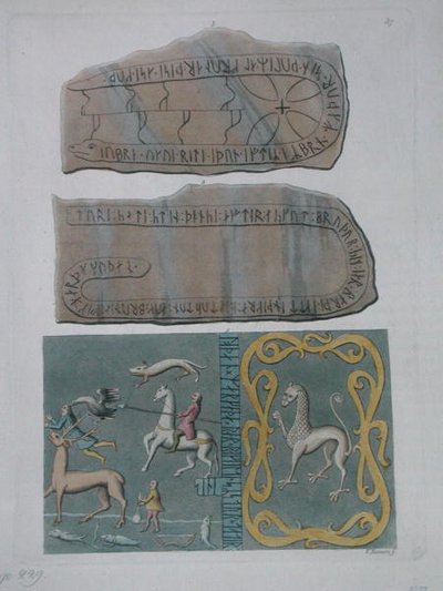 Carpet from Adeland and stones with runic inscriptions, from 