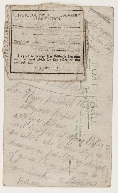 Postcard to the Editor of the Liverpool Weekly Courier, 14 August 1918 by W. Dawson