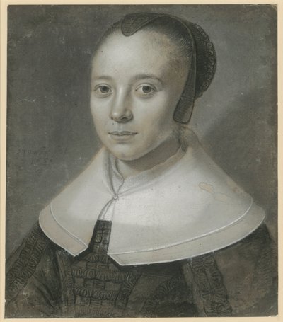 Bust portrait of a young woman facing half-left, with a black gauze cap and a broad smooth collar by Wallerant Vaillant