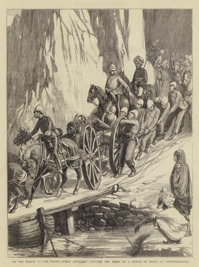 On the March to the Front, Field Artillery Crossing the Indus by a Bridge of Boats at Khooshiahgurh by Walter Charles Horsley