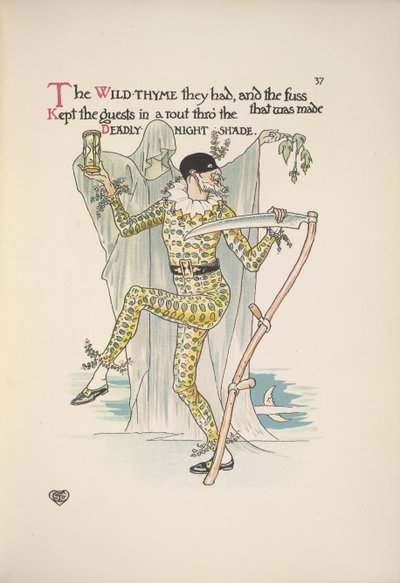 Deadly night shade. A man wearing a mask, a yellow costume and holding an egg timer and a scythe by Walter Crane