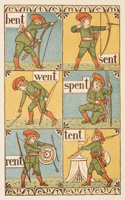 Rhyming words ending in the letter T. A boy with a bow and arrow. The Golden primer by Walter Crane