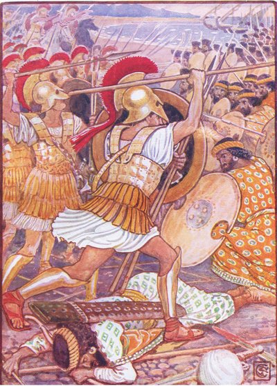 They crashed into the Persian army with tremendous force, illustration from The Story of Greece by Walter Crane