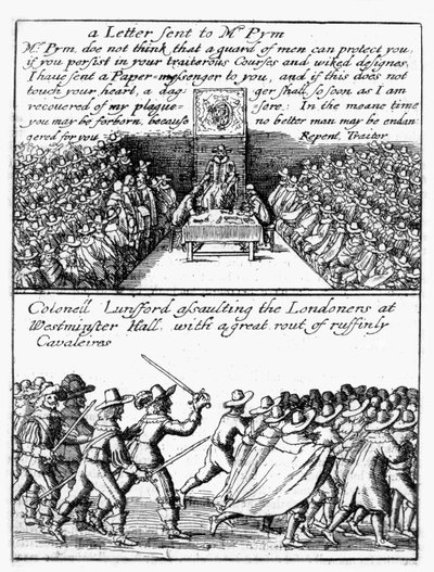 John Pym Reading Out a Letter in the House of Commons; Colonel Thomas Lunsford and His Soldiers Attacking Londoners by Wenceslaus Hollar