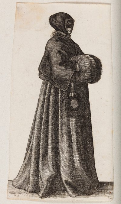Woman Dressed in Black with a Mask, Bonnet, and Muff by Wenceslaus Hollar