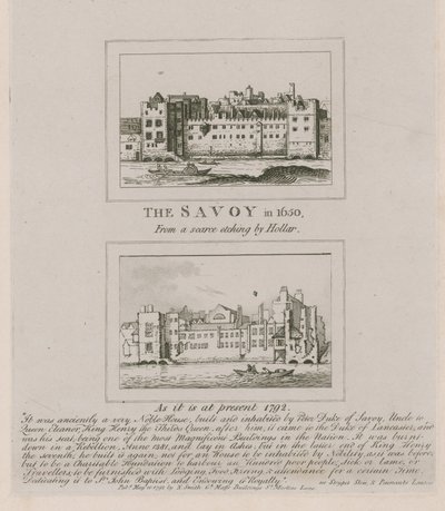 The Savoy in 1650 and as it is at Present in 1792 by Wenceslaus Hollar