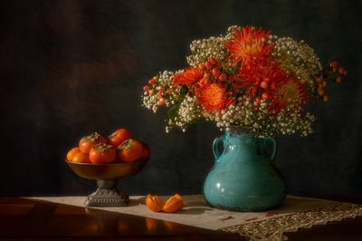 Autumn Flowers And Persimmons by Wendy Xu