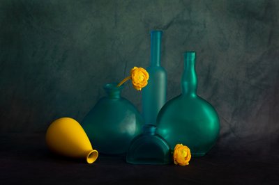 Teal Bottles Yellow Flowers by Wendy Xu
