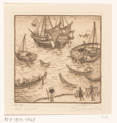 Ships in a Bay on the East Coast of Lombok by Wijnand Otto Jan Nieuwenkamp (signed by artist)