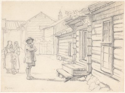 Street in Orsa, Dalarna, with Two Women on the Left and a Child and a Man by Wilhelm Marstrand