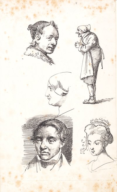 Study Sheet with Two Male Heads, Two Female Heads, and a Standing Man by Wilhelm Marstrand