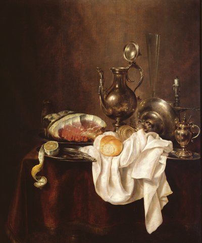 Still Life of Ham and Silver Plate by Willem Claesz. Heda