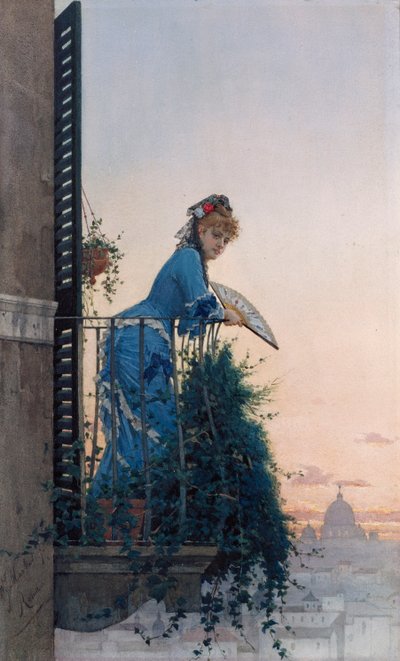 An Elegant Beauty on a Balcony Looking Out Over Rome, with the Dome of St Peter in the Distance by Willem Johannes Martens