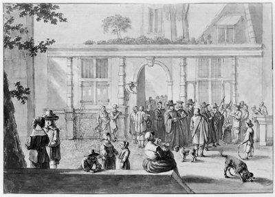 Square with Gate in the Background, Through Which a Procession Passes. Several Figures in the Foreground on the Left by a Railing by Willem Schellinks