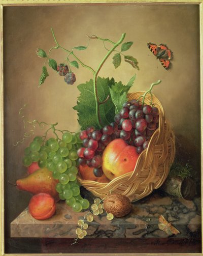 A Basket of Grapes and Apples on a Marble Ledge by Willem Verbeet