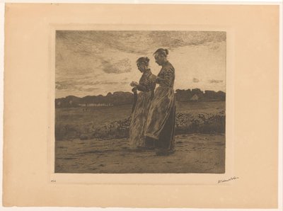 Two Standing Knitters in a Landscape in Ede by Willem Witsen (signed by artist)