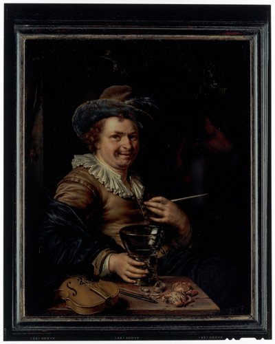 A Man Holding a Clap Pipe and a Roemer Seated at a Table on Which Rests a Violin and Crabs by Willem Van Mieris
