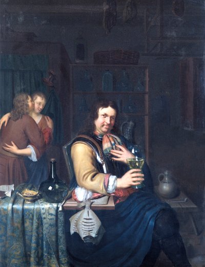 Interior with a Cavalier Drinking and a Couple Embracing, c.1690-1700 by Willem Van Mieris