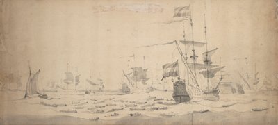 A Dutch Fleet lying-to in a breeze: a council-of-war, c.1665 by Willem van de the Elder Velde