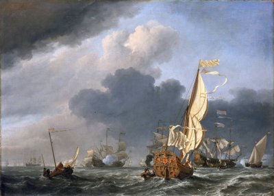 Yacht in strong wind, attempting to join a group of Dutch ships, probably the assembly of the Dutch fleet off Texel (Holland) in 1672 by Willem van de Velde the Younger