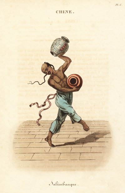 Chinese juggler dancing and juggling with two large vases by William (after) Alexander
