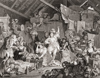 Strolling Players rehearsing in a Barn, engraved by G Presbury, from The Works of Hogarth published London 1833 by William (after) Hogarth