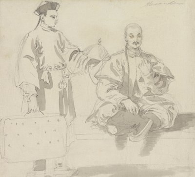Two Chinese Figures: A Seller of Hats and a Man Sitting Cross-Legged, Smoking a Pipe by William Alexander