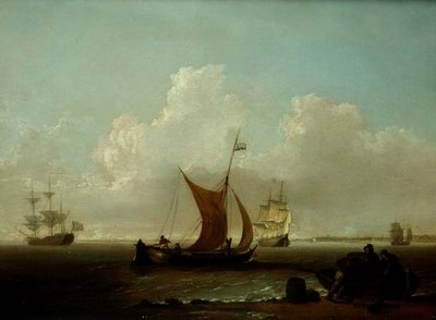 Dutch shipping off the coast of Holland with fishermen loading a boat of shore by William Anderson