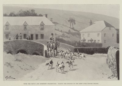 With the Devon and Somerset Staghounds, Taking the Hounds to the Meet over Exford Bridge by William Barnes Wollen