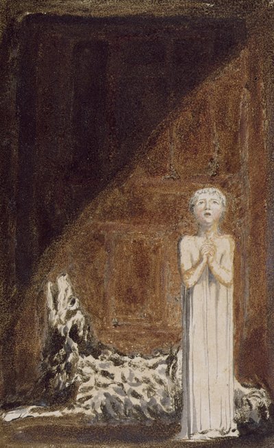 A boy in a long dress, standing with clasped hands next to a dog, plate 25 from 