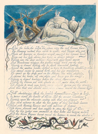 Over the hills, the vales, the cities, rage the red flames fierce... (Plate 18) by William Blake