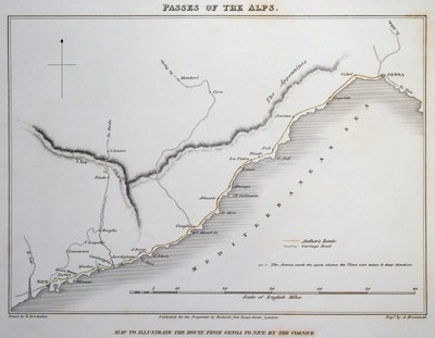 Map of passes on the Maritime Alps, coastal road between Genoa and Nice by William Brockedon