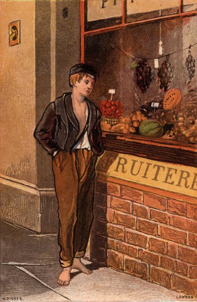 Temptation: poor young man looking into a shop window at tropical fruits by William Dickes