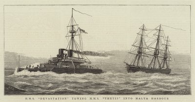 HMS Devastation Towing HMS Thetis into Malta Harbour by William Edward Atkins