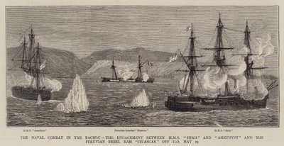 The Naval Combat in the Pacific, the Engagement between HMS Shah and Amethyst and the Peruvian Rebel Ram Huascar off Ilo, 29 May by William Edward Atkins