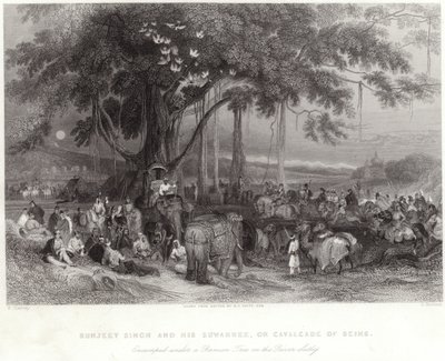 Runjeet Singh and his suwarree encamped under the banian tree on the River Sulley by William Harvey