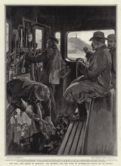 The King and Queen in Scotland, His Majesty and the Duke of Sutherland riding on an Engine by William Hatherell