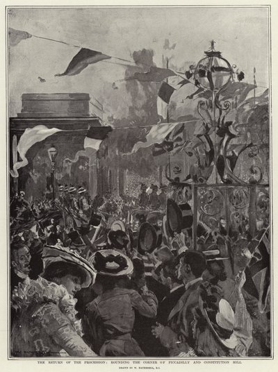 The Return of the Procession, rounding the Corner of Piccadilly and Constitution Hill by William Hatherell