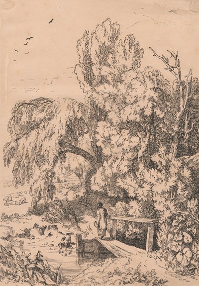 Landscape with Trees, Girl Crossing Footbridge by William Havell
