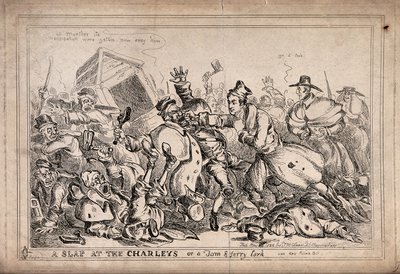Robert Peel as a Pugilist Attacking Night Watchmen with the Intention of Replacing Them by the Police Force. Etching by Paul Pry (W. Heath). by William Heath
