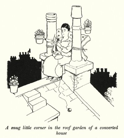 A snug little corner in the roof garden of a converted house by William Heath Robinson