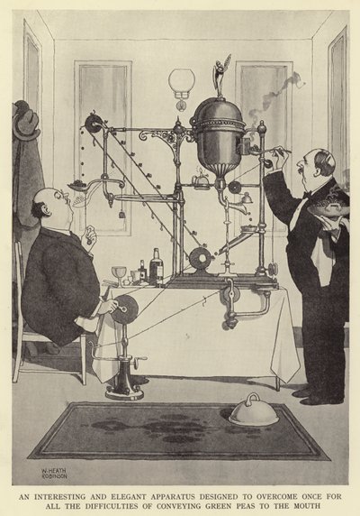 An interesting and elegant apparatus designed to overcome once for all the difficulties of conveying green peas to the mouth by William Heath Robinson