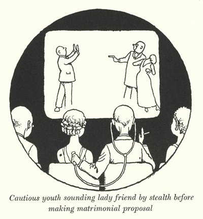 Cautious youth sounding lady friend by stealth before making matrimonial proposal by William Heath Robinson