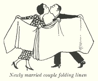 Newly married couple folding linen by William Heath Robinson