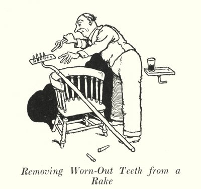 Removing Worn-Out Teeth from a Rake (lithograph) by William Heath Robinson