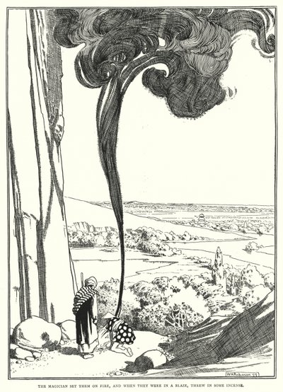 The magician set them on fire, and when they were in a blaze, threw in some incense (engraving) by William Heath Robinson