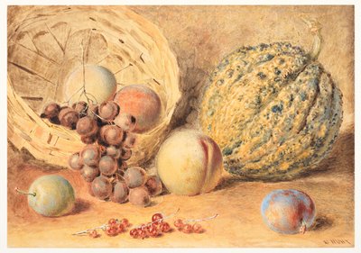 Basket with melon, peaches, grapes & plums by William Henry Hunt