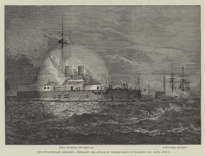 The Evolutionary Squadron, repelling the Attack by Torpedo-Boats in Blacksod Bay, Mayo, 7 July by William Heysham Overend