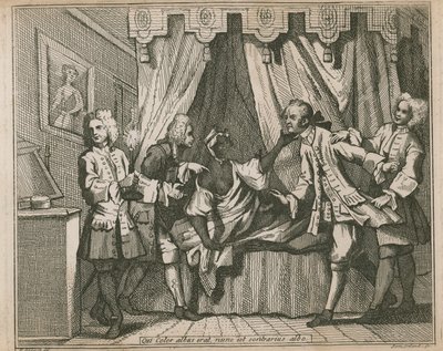 Four men confront a black woman in her bedroom by William Hogarth
